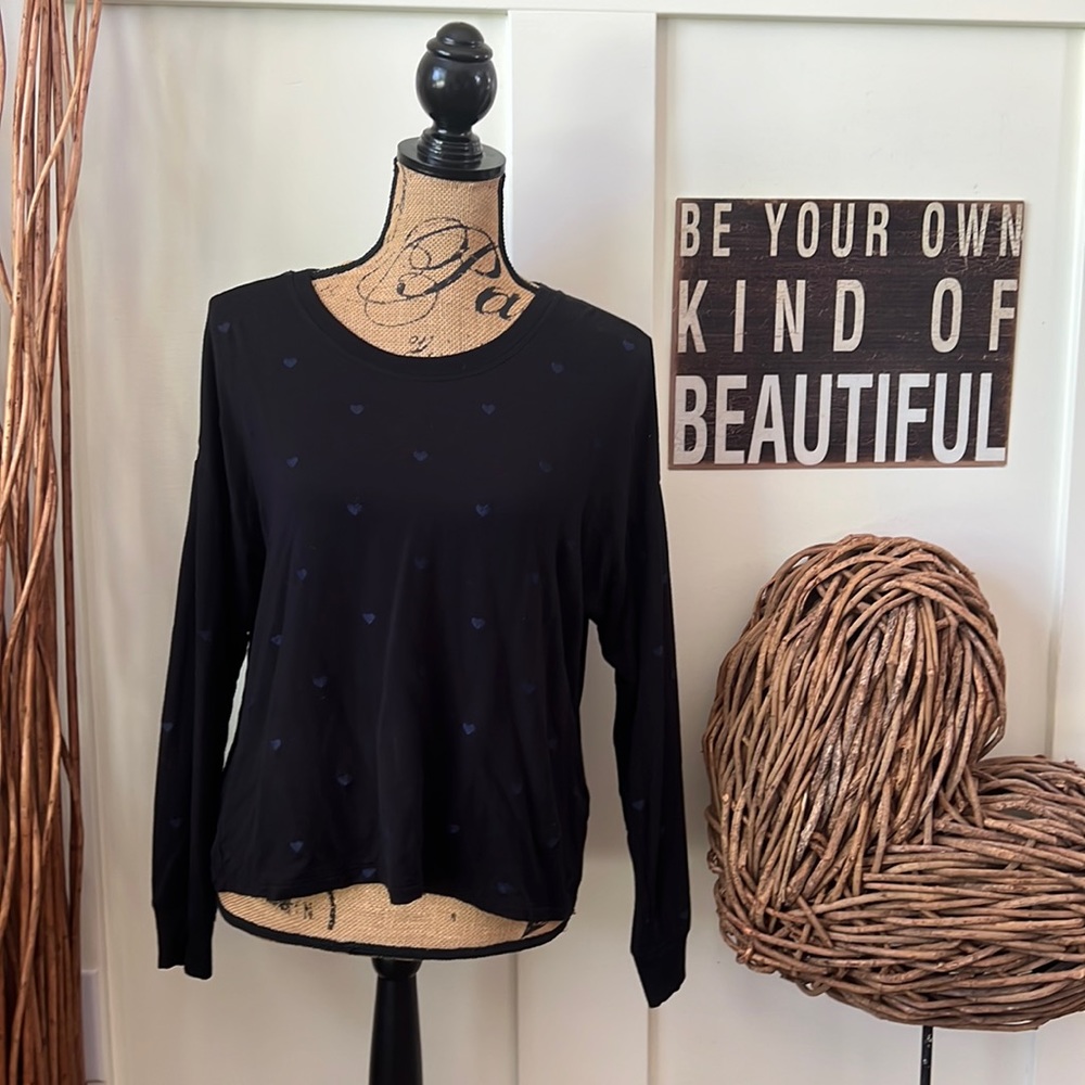 Splendid Black Long Sleeve Tee With Blue Embroidered Hearts